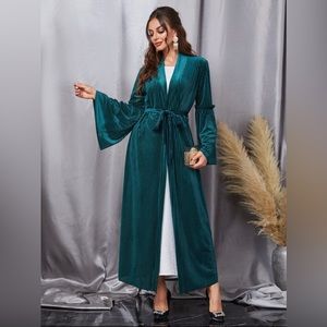 SHEIN Najma Self Tie Dark Green Velvet Abaya Kaftan Caftan Modest Maxi Cardigan